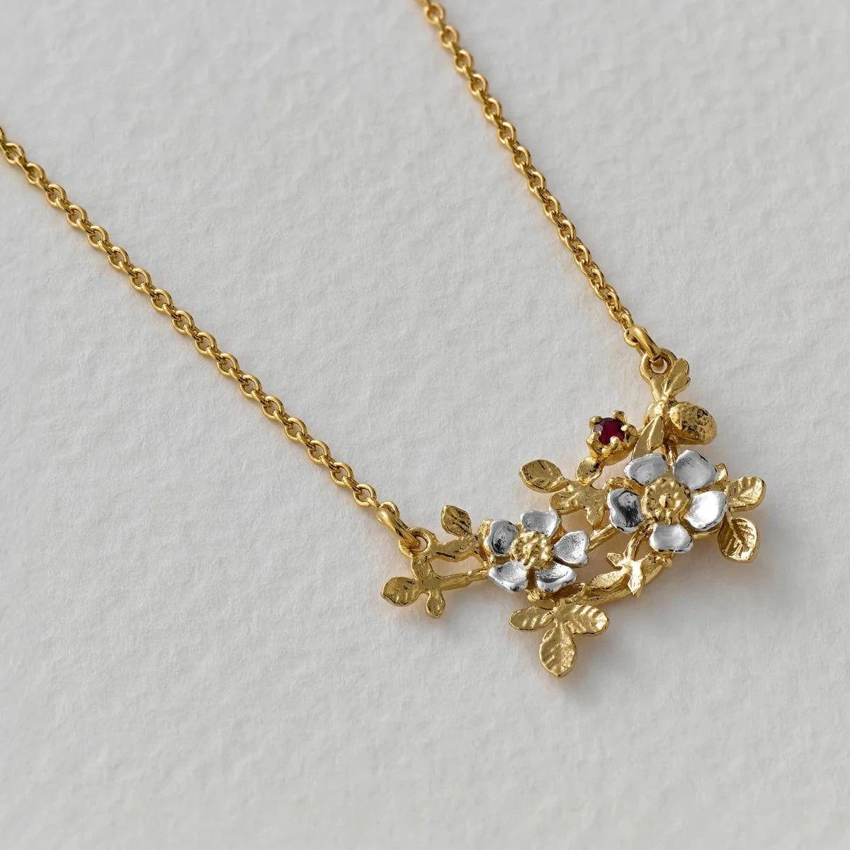 Inline Wild Rose Necklace with a Bee & Ruby - 40 Years of Alex Monroe