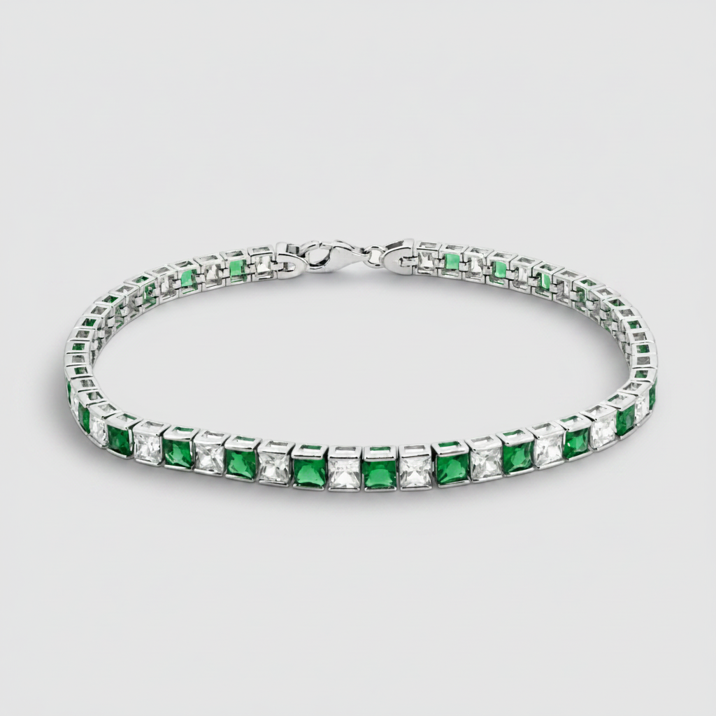 Sterling Silver CZ Emerald & White Channel Set Tennis Bracelet