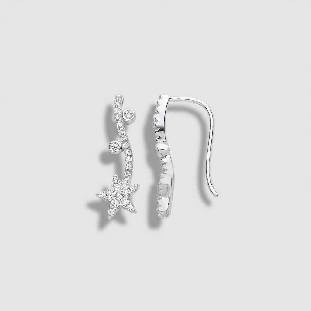 Silver earrings with star design on a white background