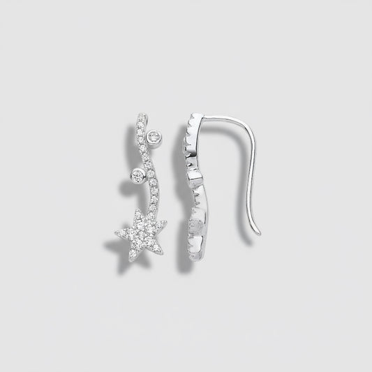 Silver earrings with star design on a white background