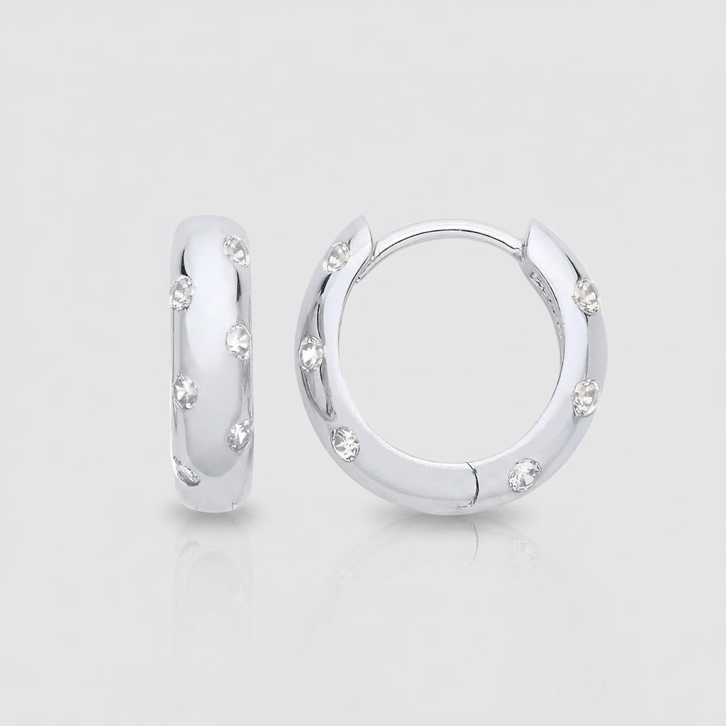 Silver CZ Dome Huggie Hoop Earrings