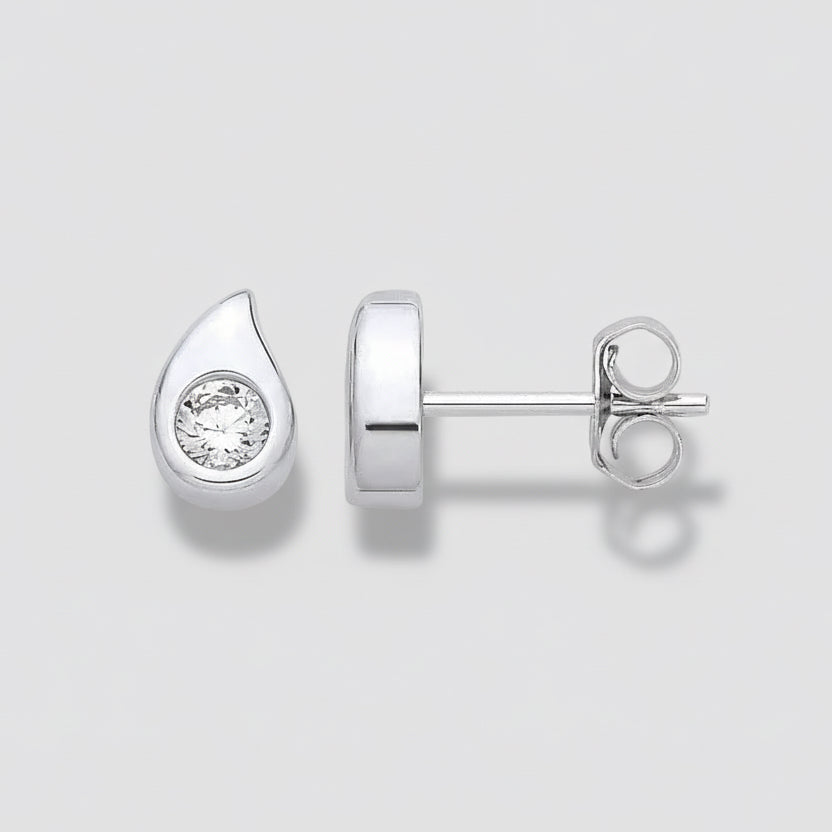 Silver flower-shaped earrings with a central black gemstone on a white background