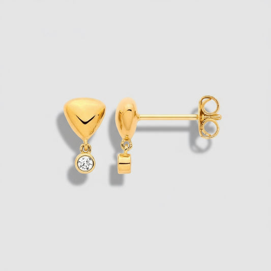 Gold earrings with heart and box charms on a white background