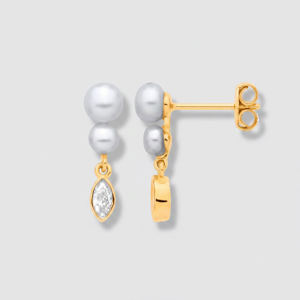18ct Gold Plated CZ & Fresh Water Pearl 3.5-4mm Drop Earrings