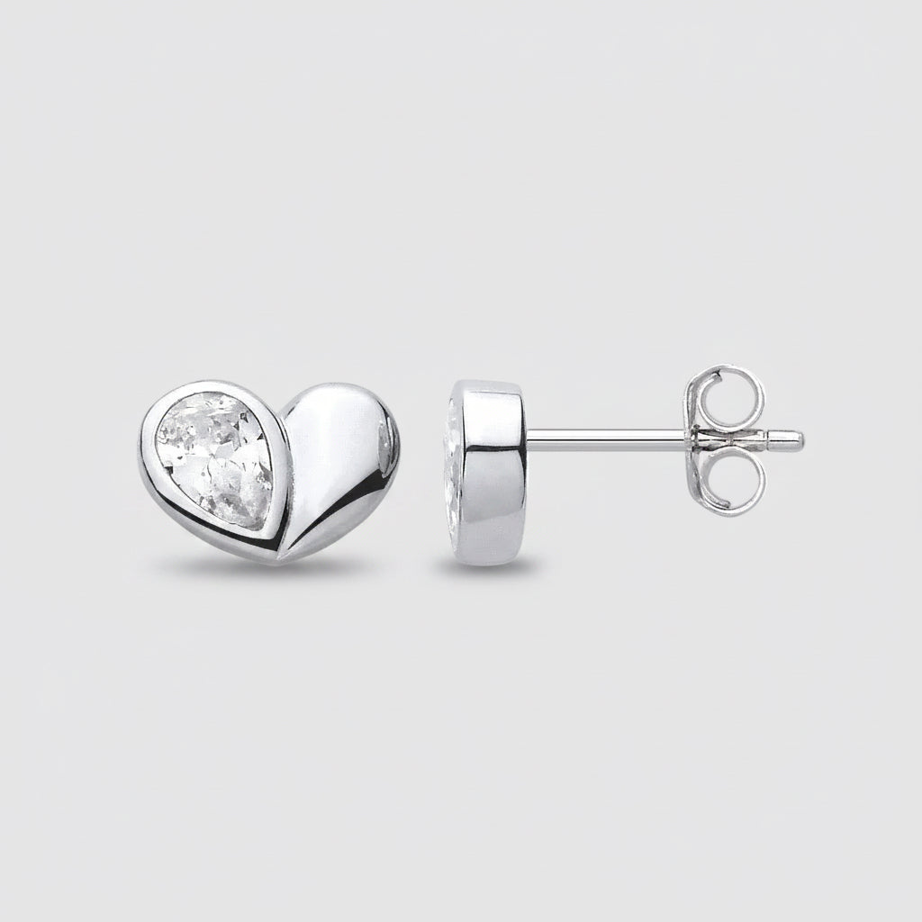 Silver CZ Heart Stud Earrings