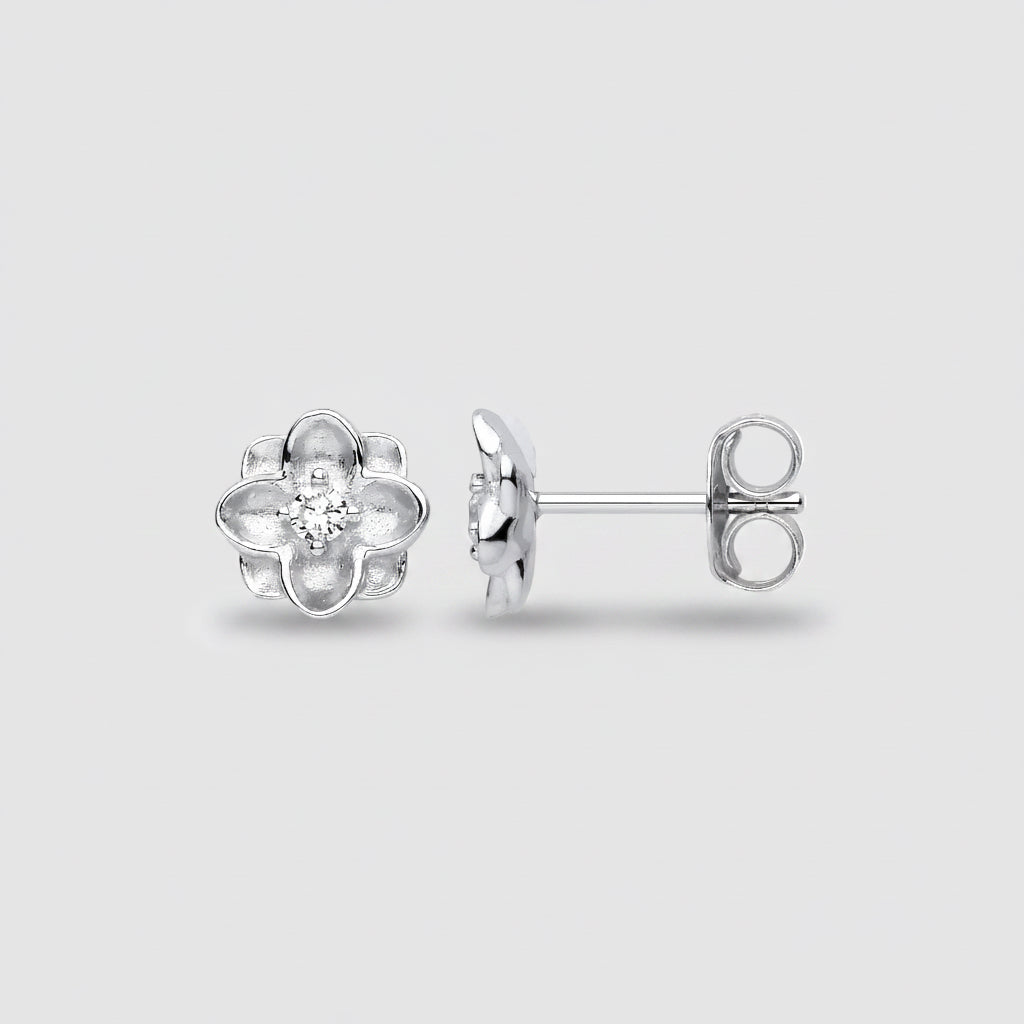 Silver CZ Flower Stud Earrings
