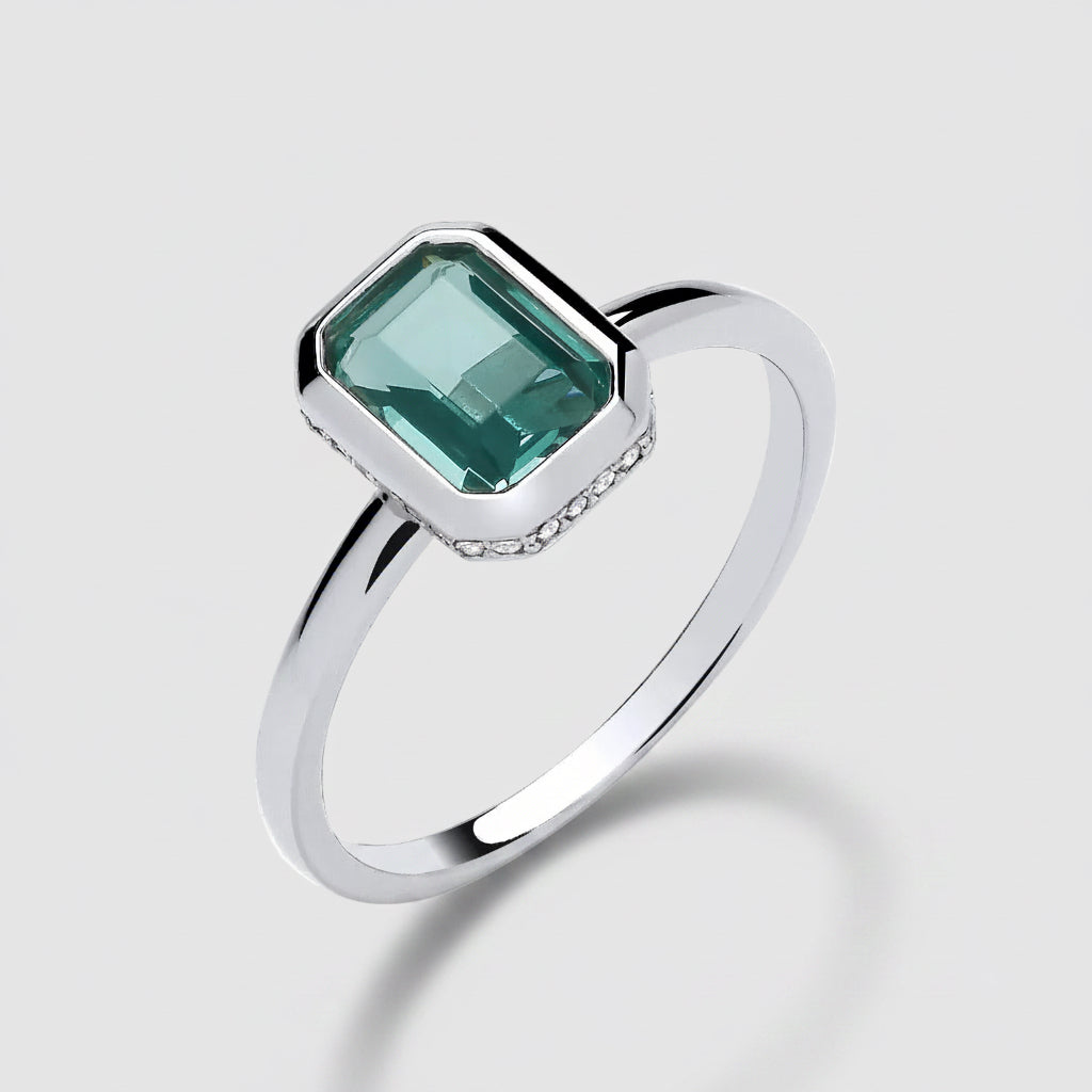 Silver CZ & Emerald Bezel Ring