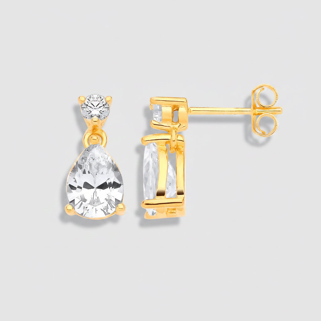 Sterling Silver Gold Plated Cubic Zirconia Pear Drop Earrings