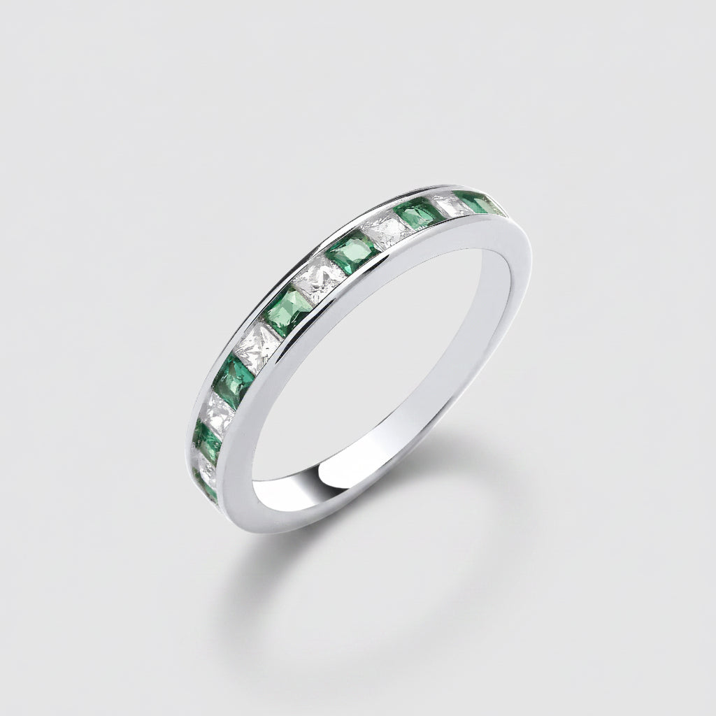 Silver CZ & Emerald Half Eternity Ring