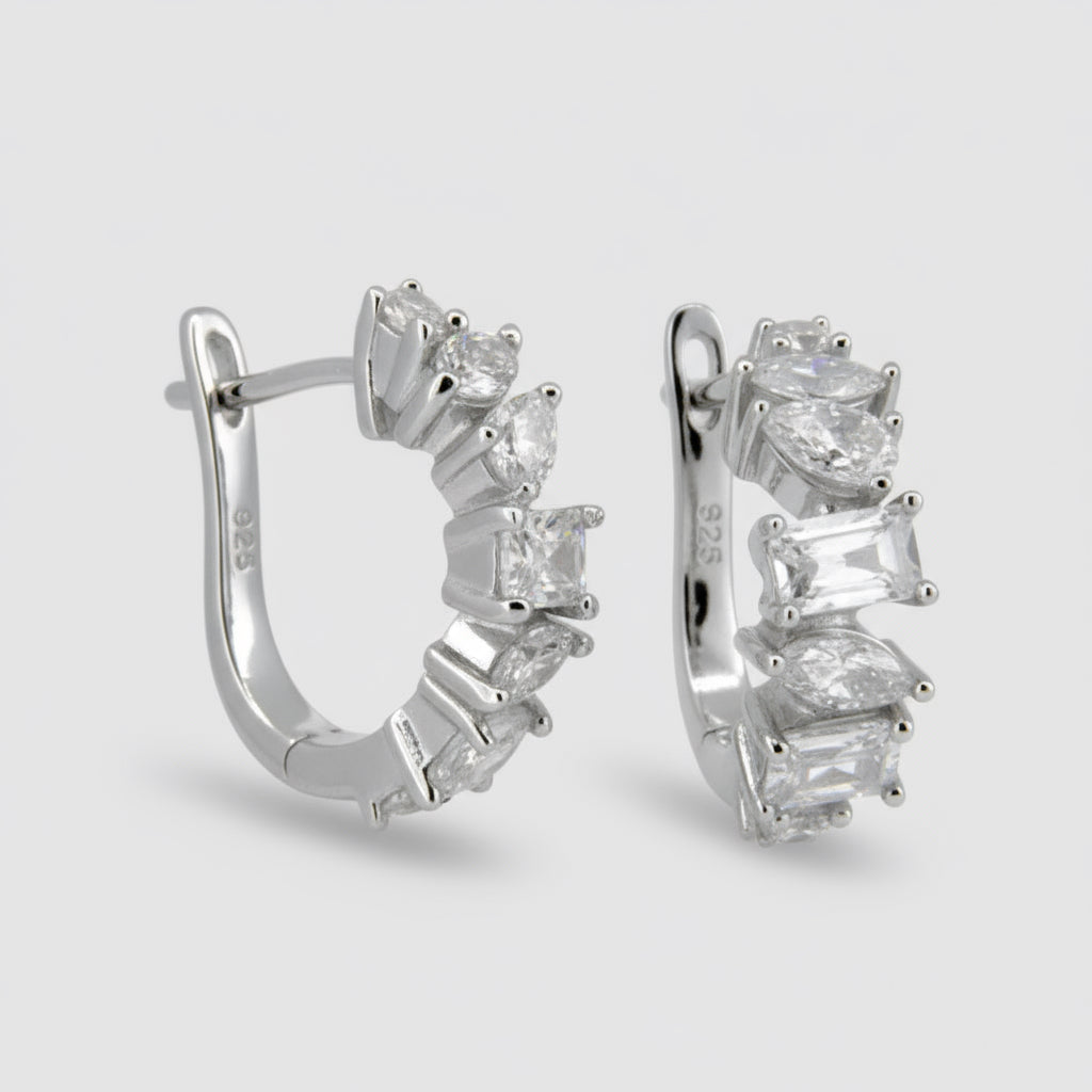 Silver and Mixed Cut CZ Hoop Earrings