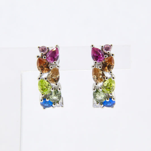 Silver Multicolour Gemstone Half Hoop Earrings