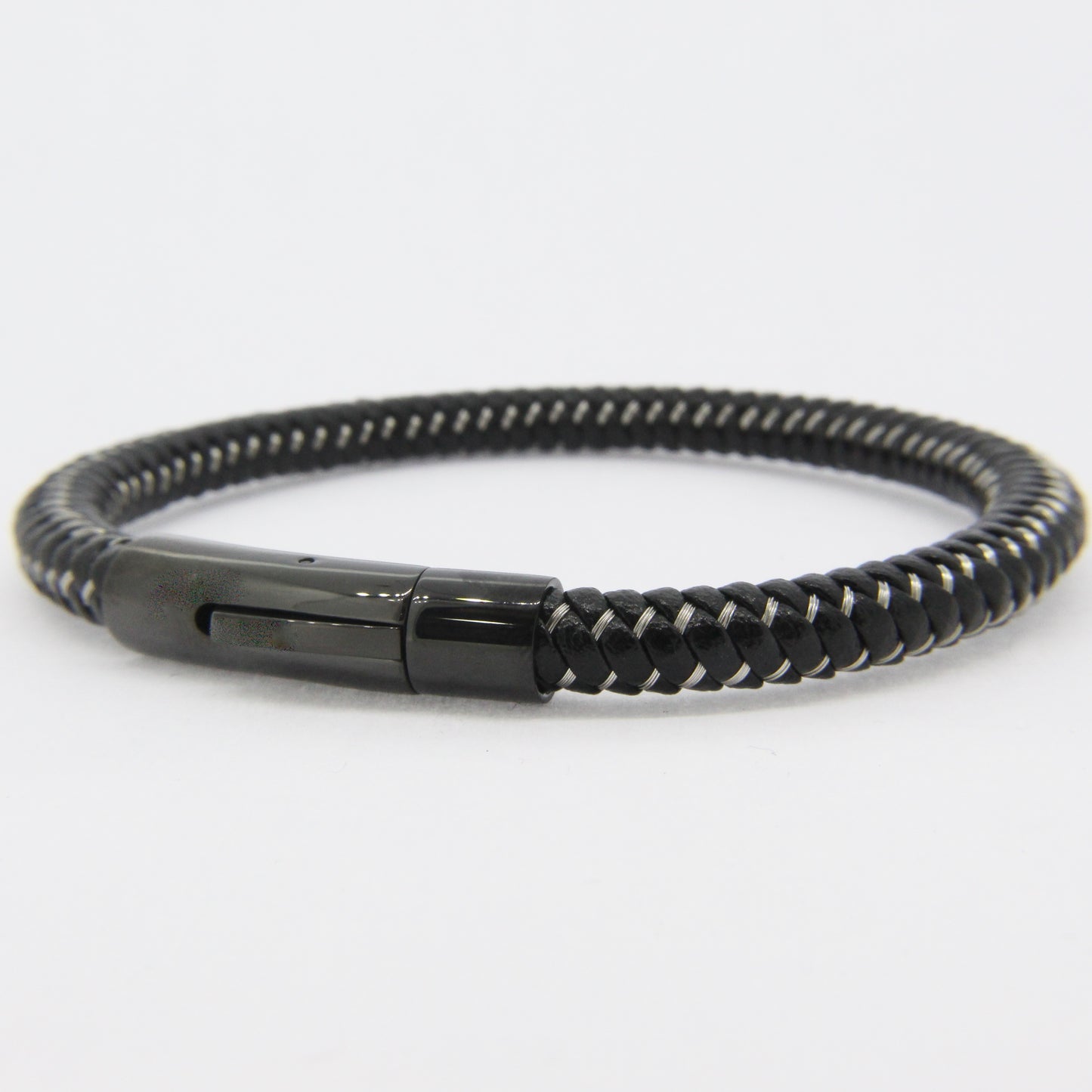 Black Leather Plait Bracelet With Steel Design Clasp