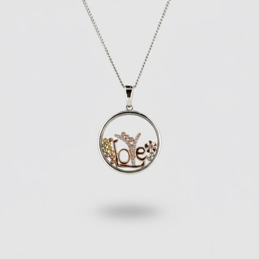 Necklace with a circular pendant spelling 'love' on a white background