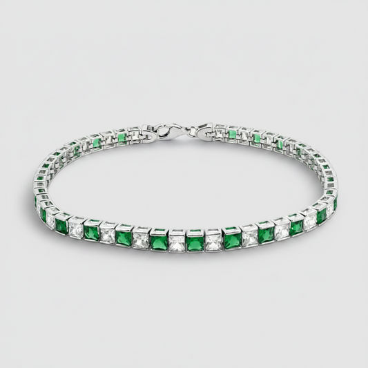 Sterling Silver CZ Emerald & White Channel Set Tennis Bracelet