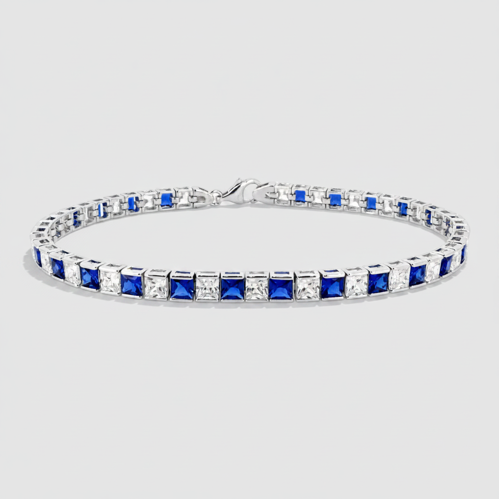 Sterling Silver CZ Sapphire & White Channel Set Tennis Bracelet