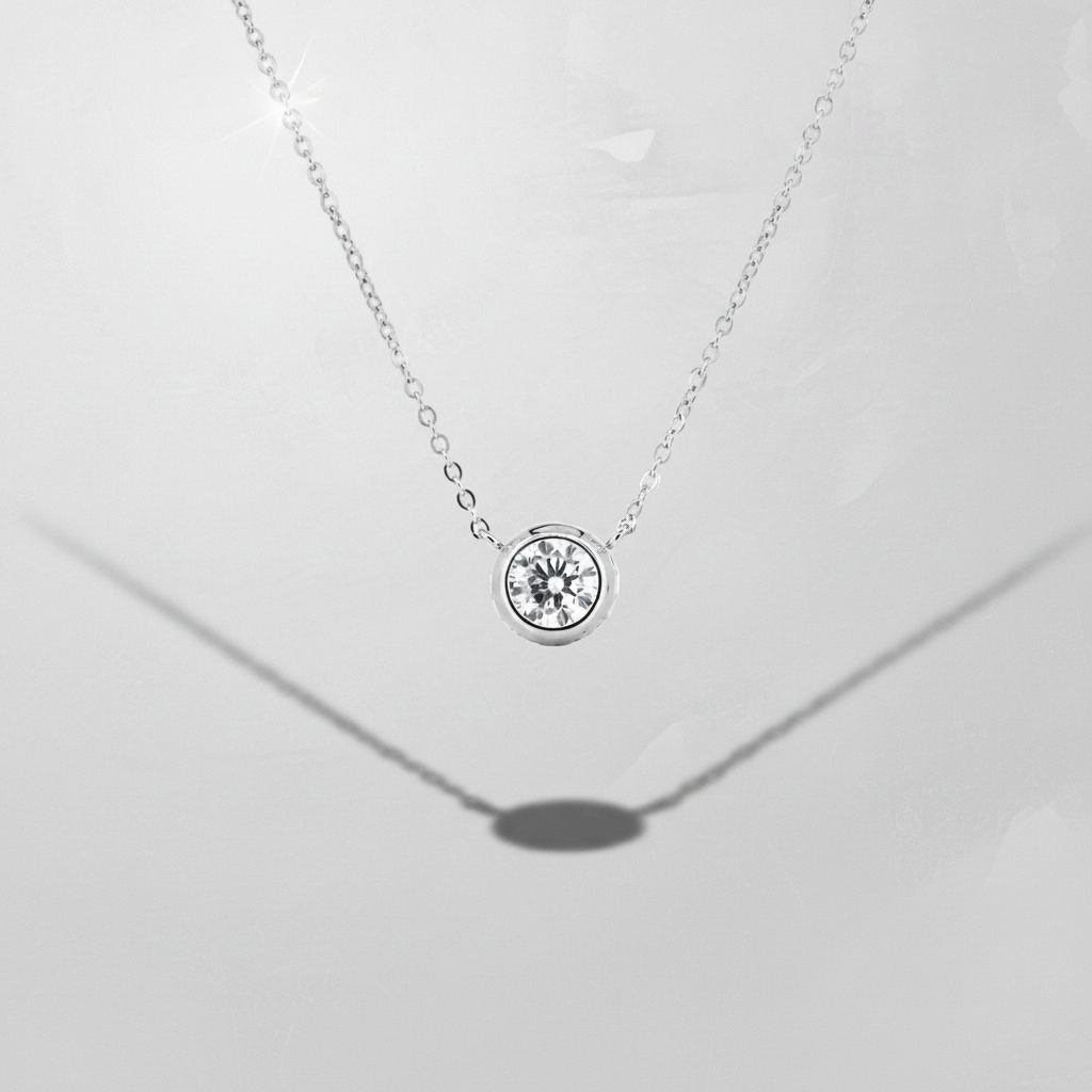 Silver CZ Bezel Set 6mm Single Stone Pendant Necklace