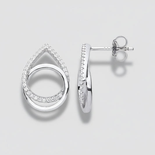 Silver earrings with clear gemstones on a white background