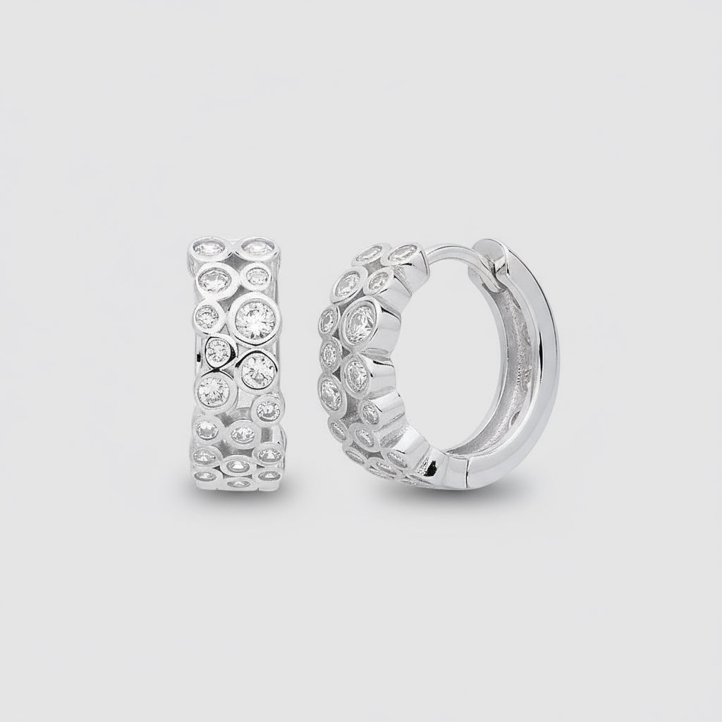 Silver CZ Round Rubover Huggie Hoop Earrings