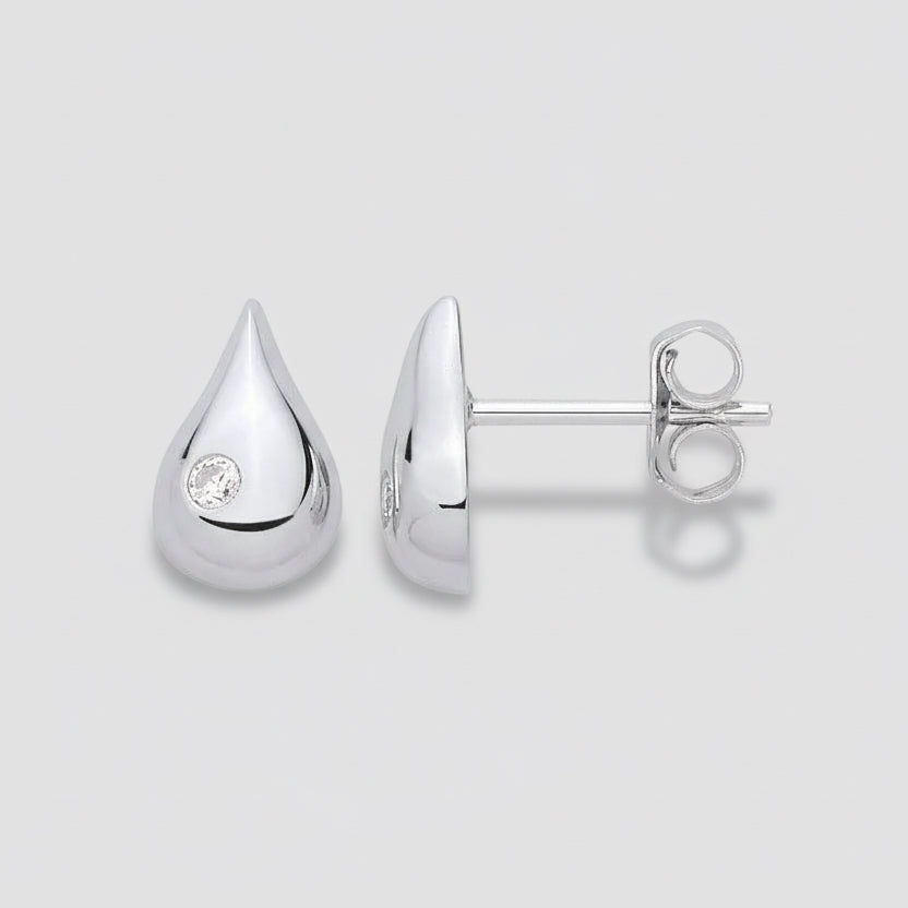 Silver Domed Tear Drop Stud Earrings
