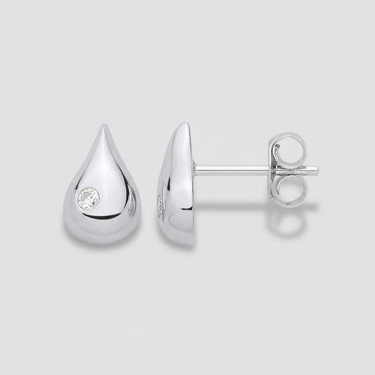 Silver Domed Tear Drop Stud Earrings