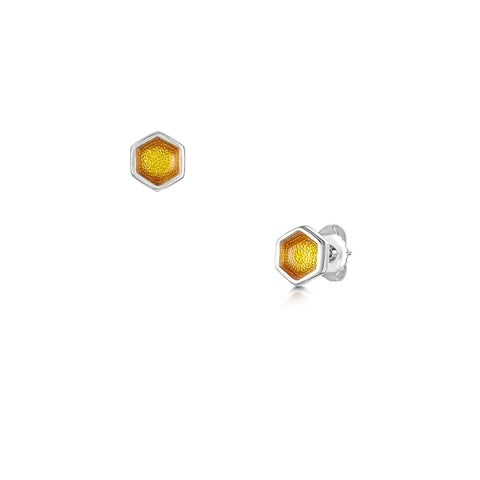 Honeycomb Silver Stud Earrings in Honey Enamel