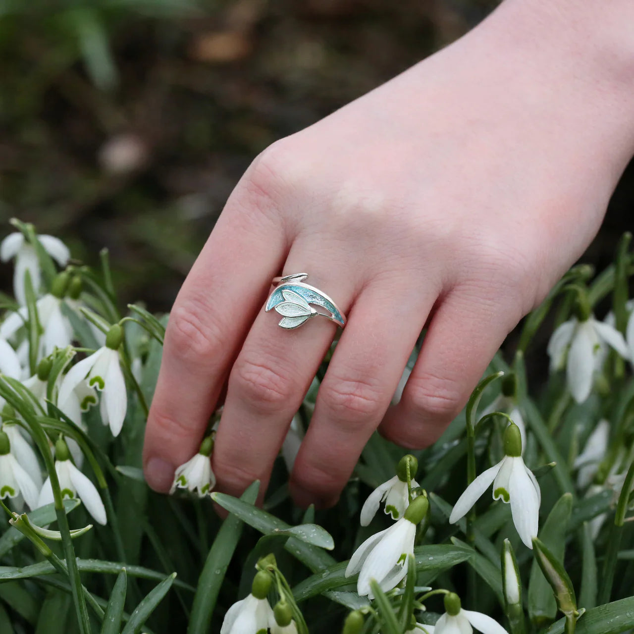 Snowdrop Sterling Silver Ring in Leaf Enamel