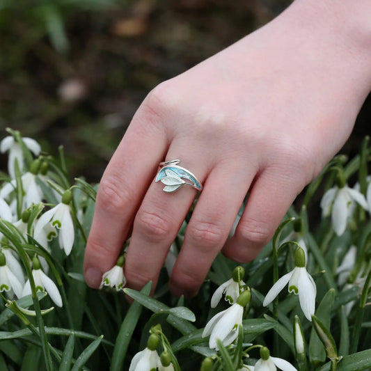 Snowdrop Sterling Silver Ring in Leaf Enamel