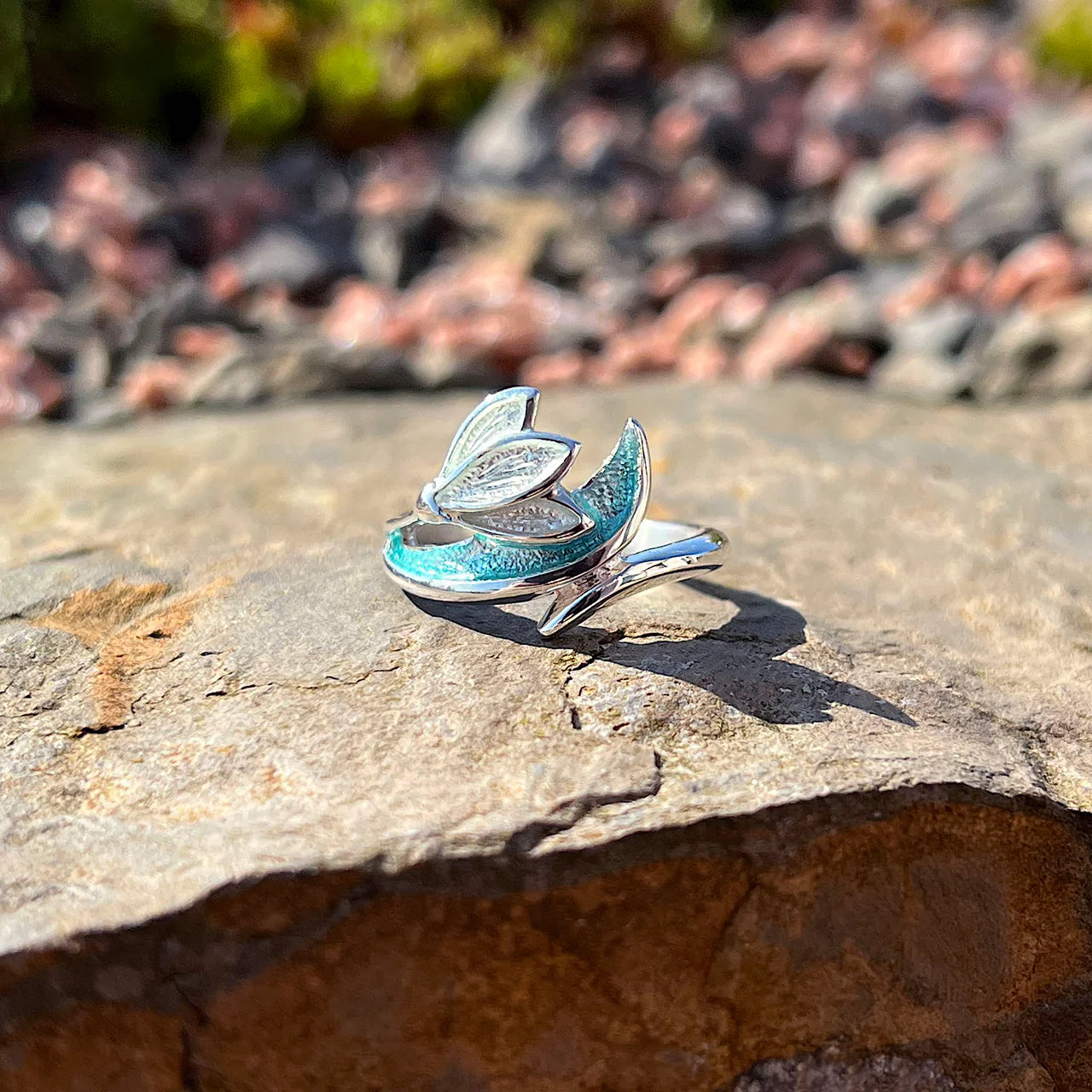Snowdrop Sterling Silver Ring in Leaf Enamel