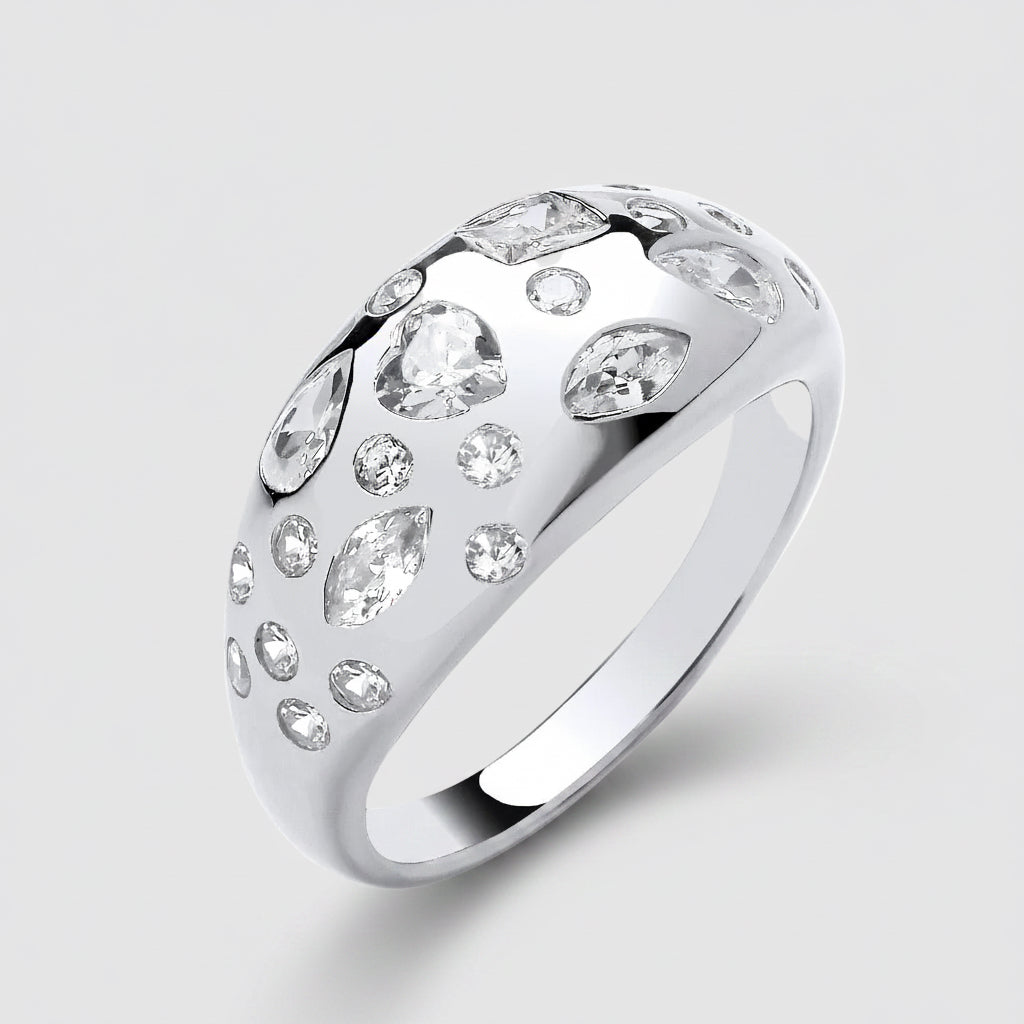 Silver Mixed Cut CZ Dome Ring