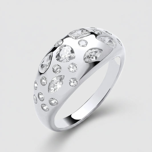 Silver Mixed Cut CZ Dome Ring