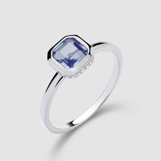 Silver CZ & Blue Tourmaline Bezel Ring