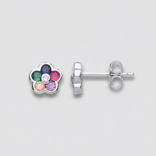 Flower-shaped earrings with colored gemstones on a white background