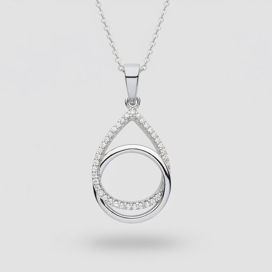 Silver teardrop-shaped pendant with small diamonds on a white background