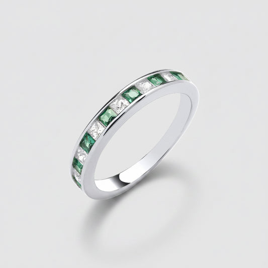 Silver CZ & Emerald Half Eternity Ring