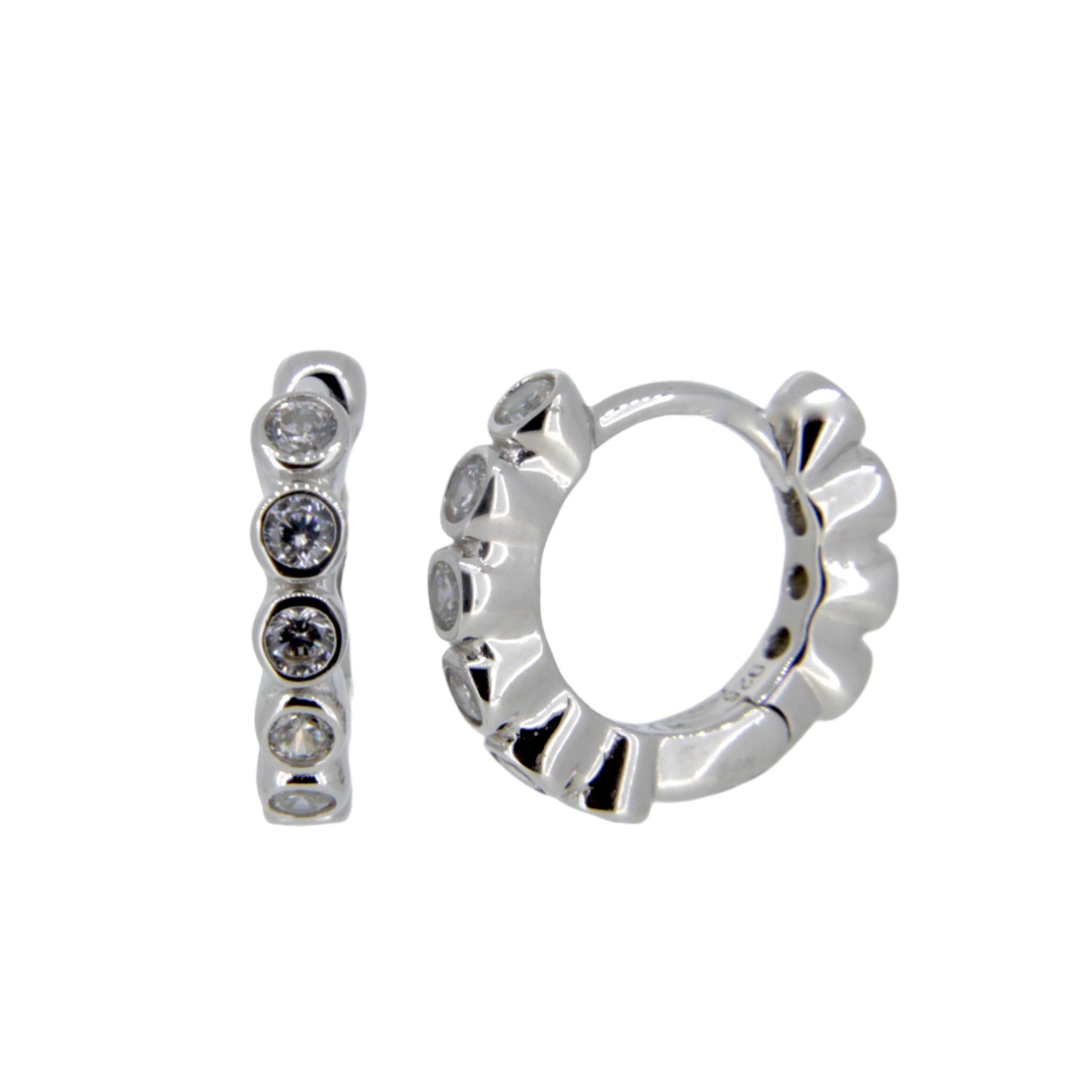 Silver and CZ Scalloped Huggie Hoop Earrings