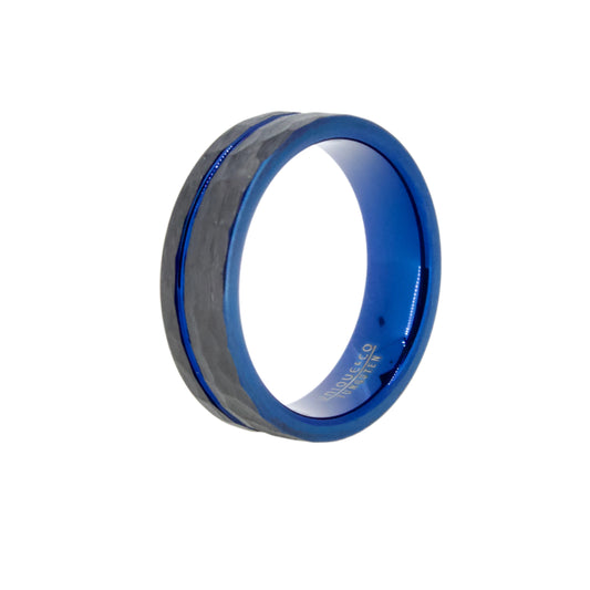 Hammered Black & Blue Tungsten Carbide Ring
