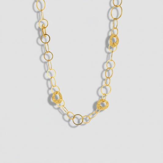 Gold chain necklace on a white background.