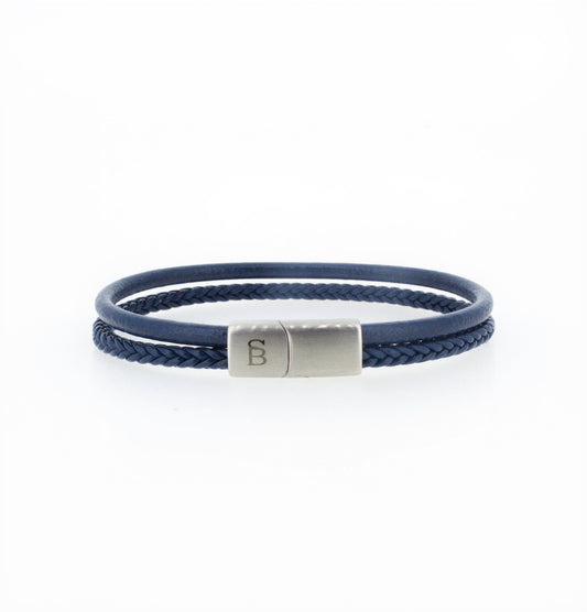 Navy Leather with Matte and Polished Steel Magnetic Clasp