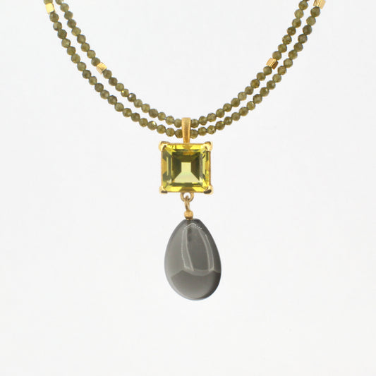 Grey Moonstone, Lemon Quartz and Obsidian Necklace