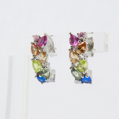 Silver Multicolour Gemstone Half Hoop Earrings