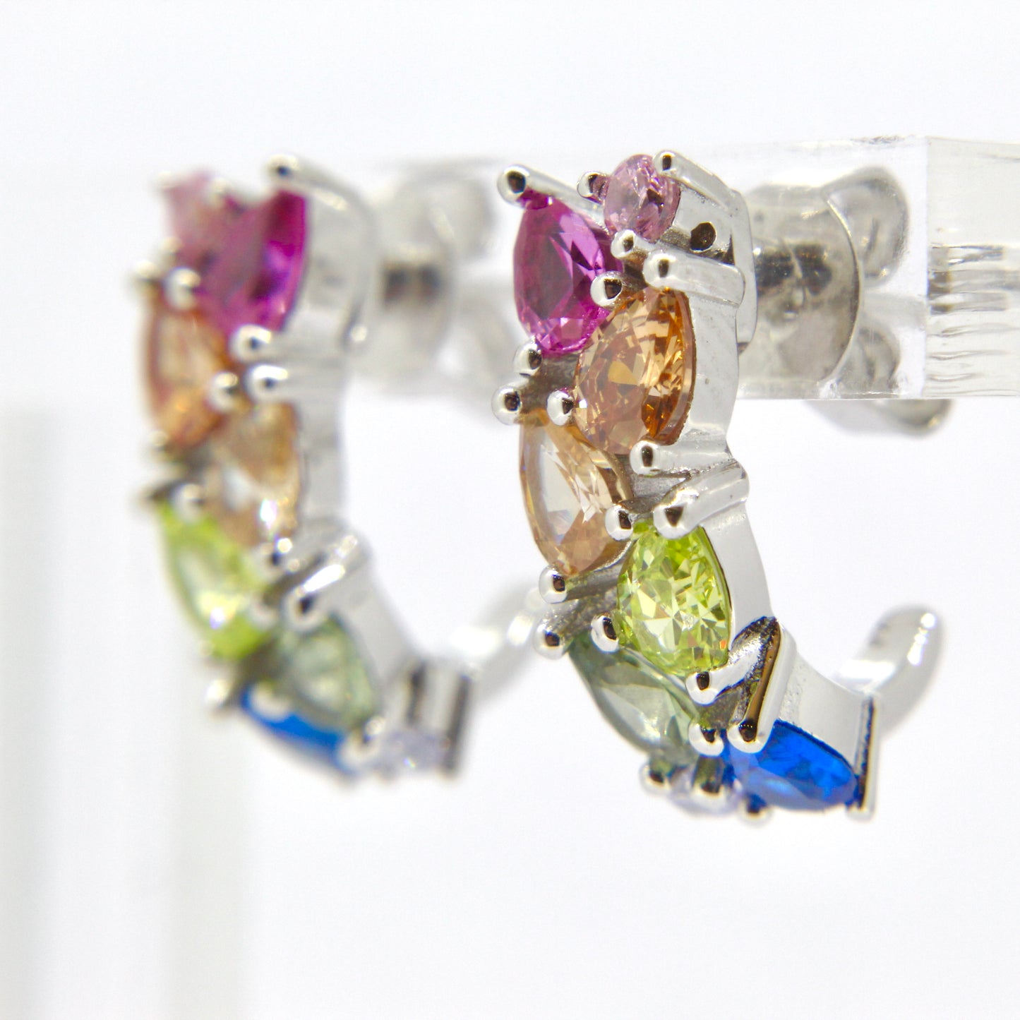 Silver Multicolour Gemstone Half Hoop Earrings