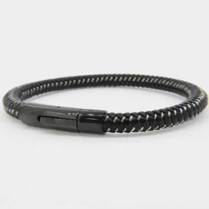 Black Leather Plait Bracelet With Steel Design Clasp