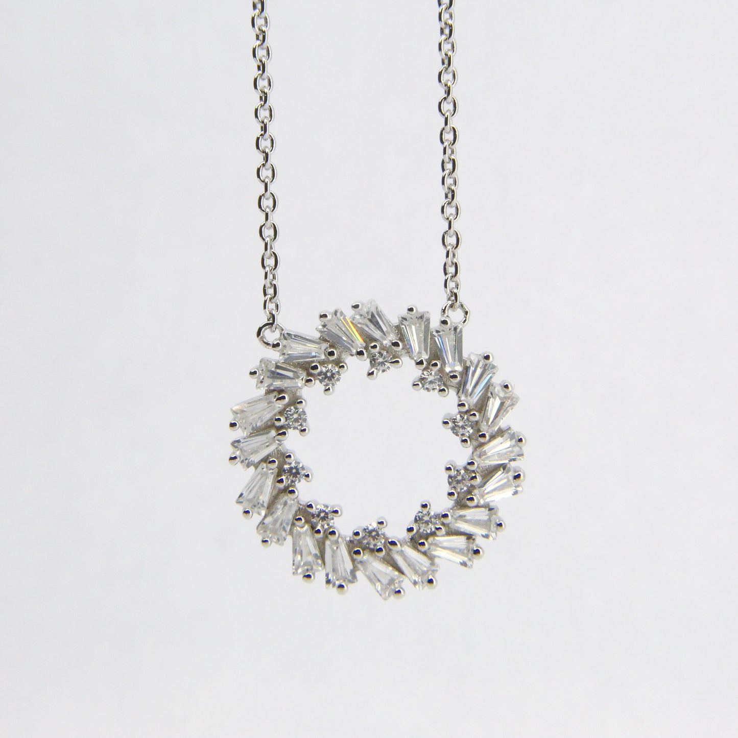 Silver CZ Baguette Circle Pendant Necklace