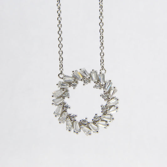 Silver CZ Baguette Circle Pendant Necklace