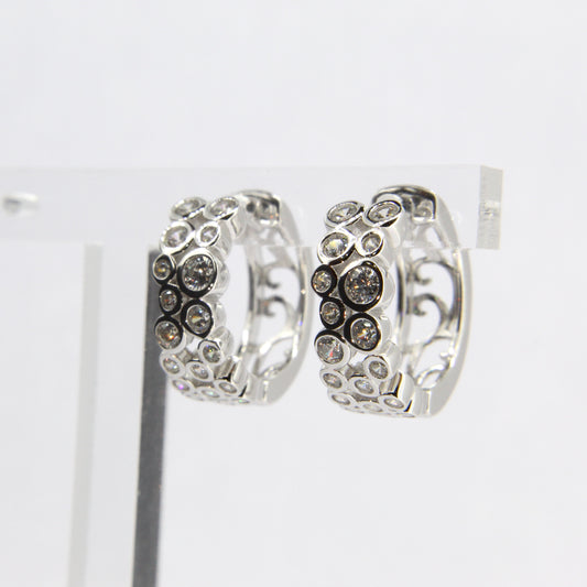 Silver CZ Round Rubover Huggie Hoop Earrings