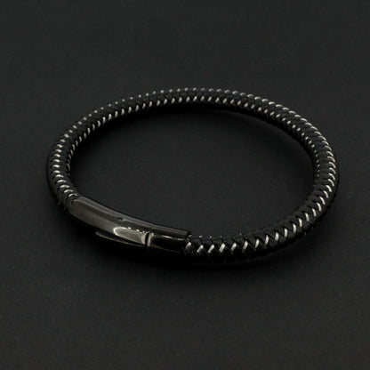 Black Leather Plait Bracelet With Steel Design Clasp