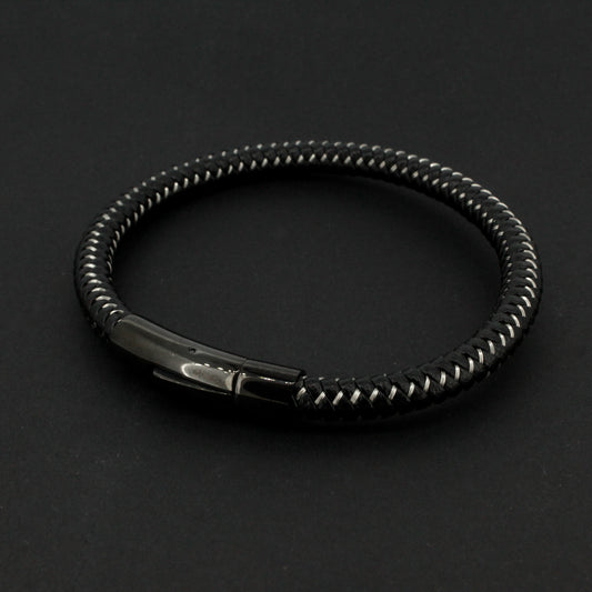 Black Leather Plait Bracelet With Steel Design Clasp