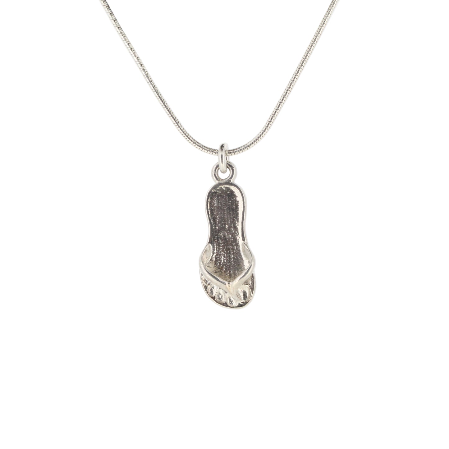 Silver flip-flop sandal pendant on a chain against a white background