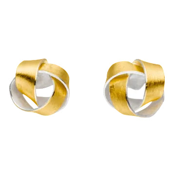 A pair of gold and silver interlocking knot stud earrings with a brushed metallic texture, shown on a plain white background.