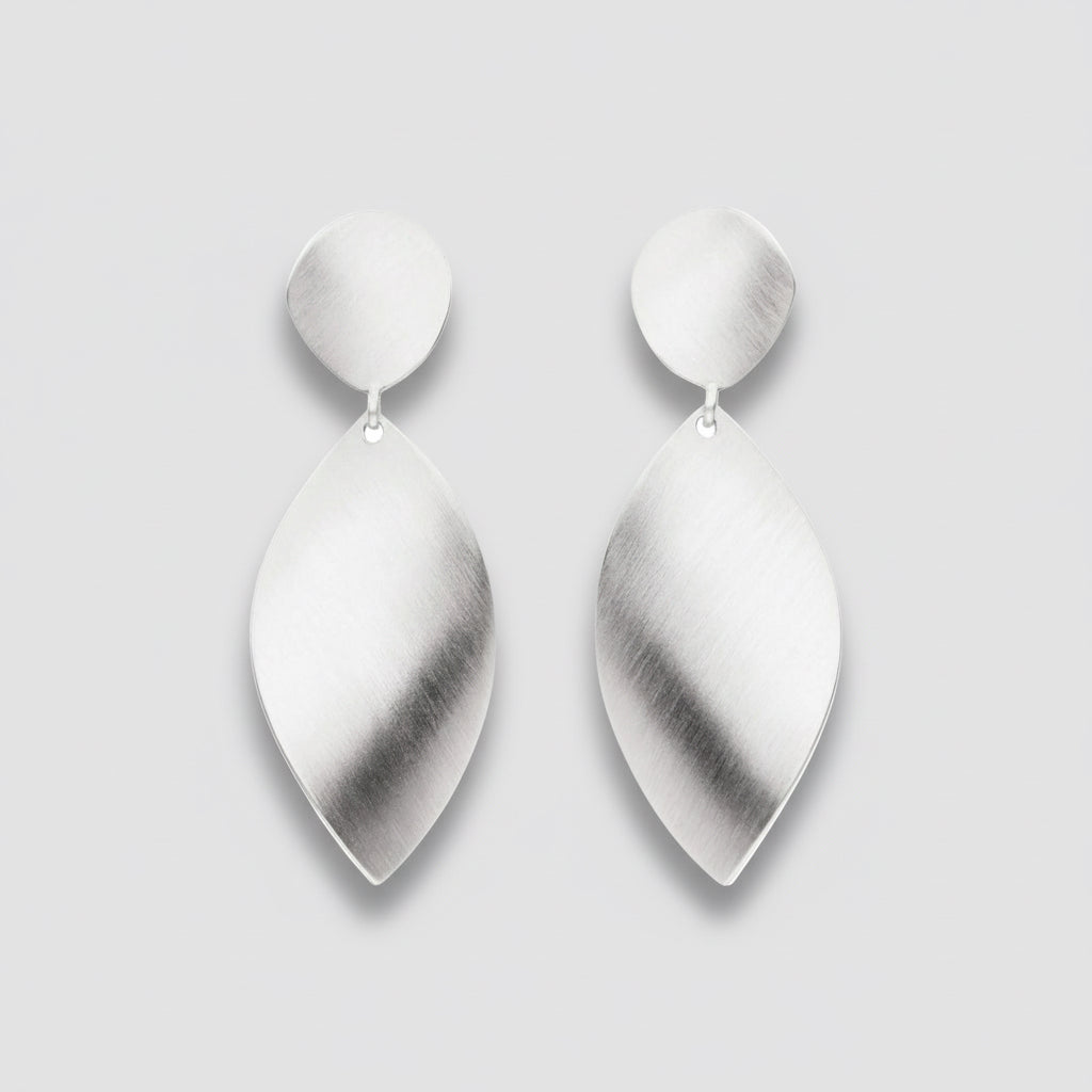 Pair of silver earrings on a white background